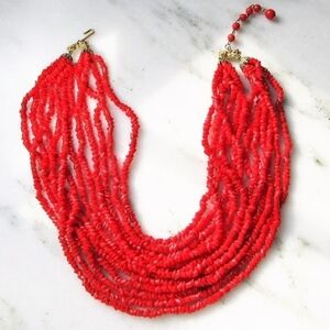 Vintage Red Glass Bead Multi Strand Gold Tone Bow Clasp Necklace